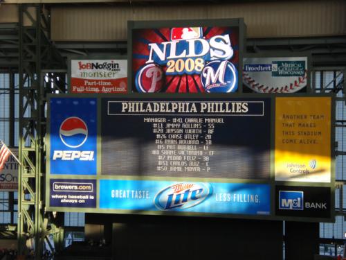 Miller Park scoreboard for 2008 NLDS.